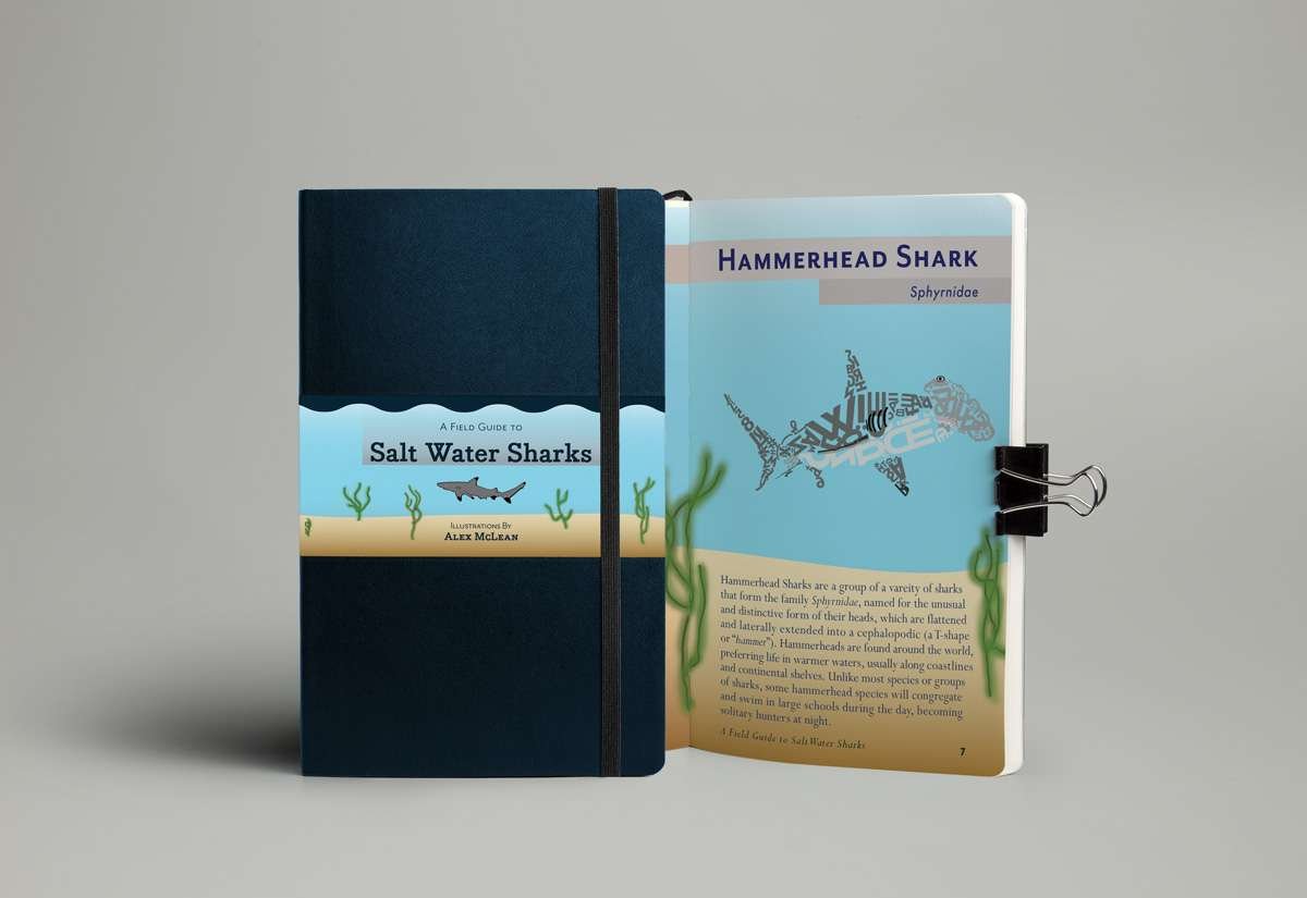 Alex_McLean_field_guide_cover_one_page_mockup partial open field guide, grey background, hammerhead shark shown