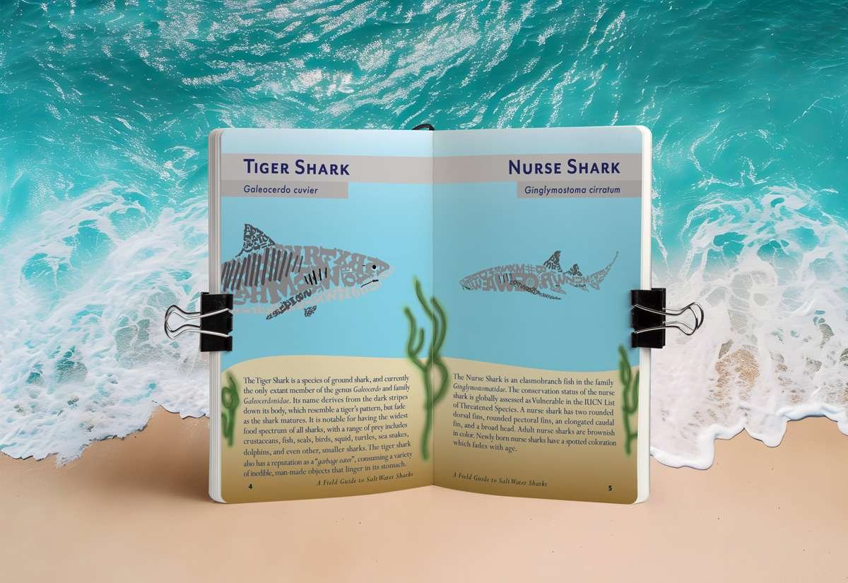 Alex_McLean_field_guide_two_page_mockup02 open field guide, ocean background, tiger shark and nurse shark shown