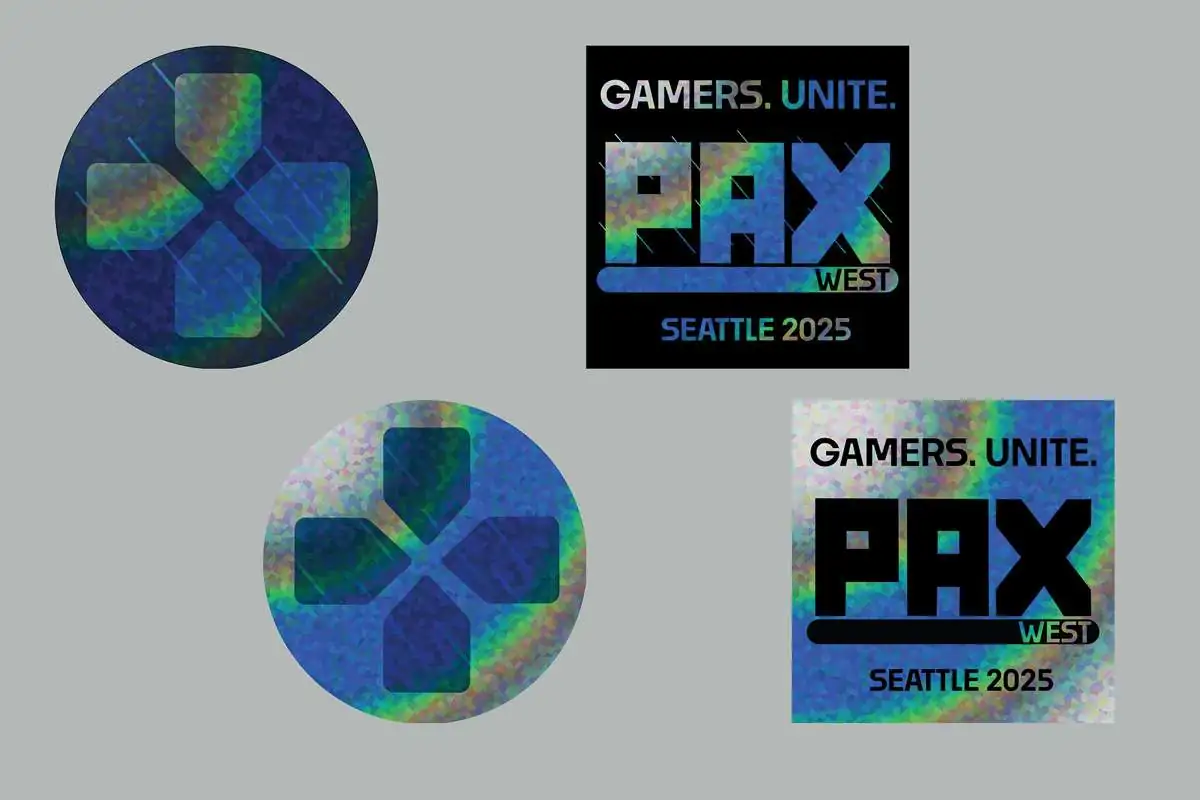 four hologram stickers with PAX logo and key art
