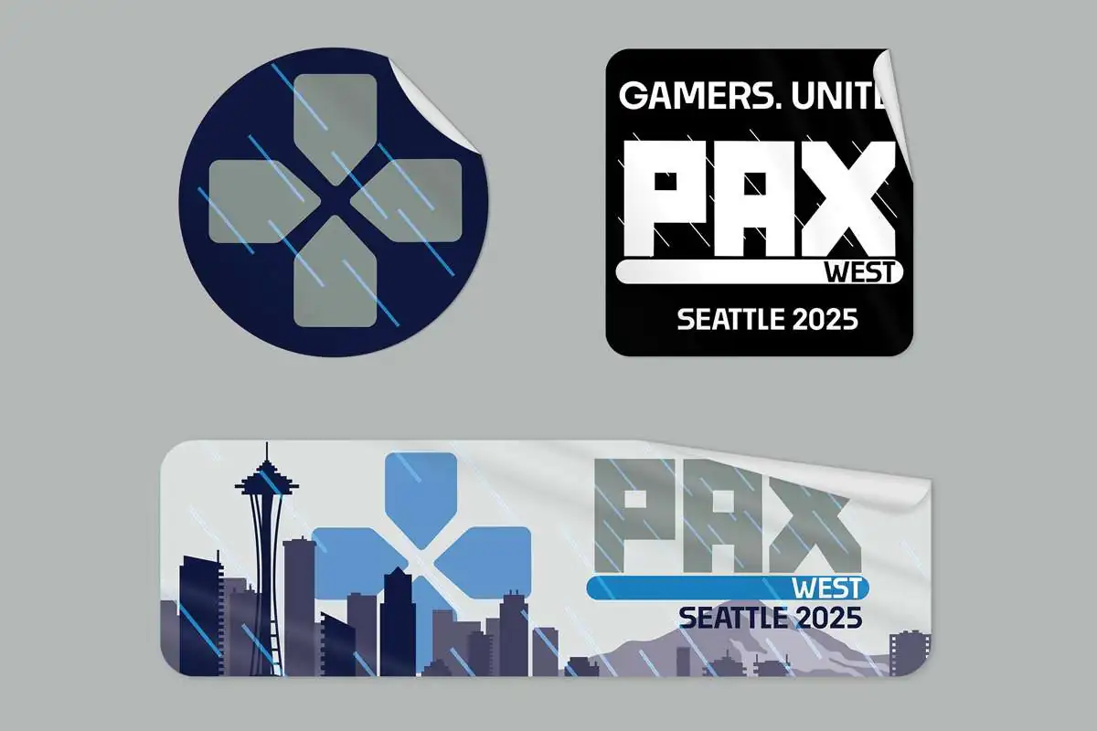 three stickers with PAX logo and key art
