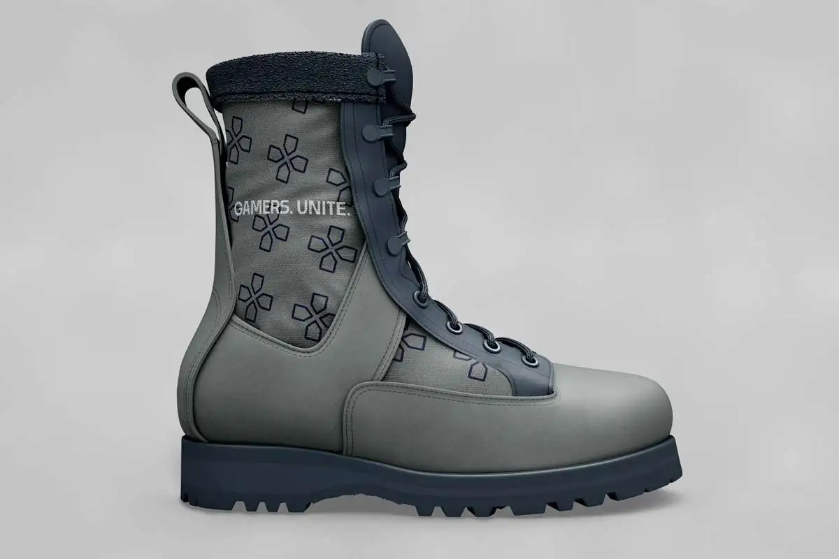 grey boots with PAX logo pattern