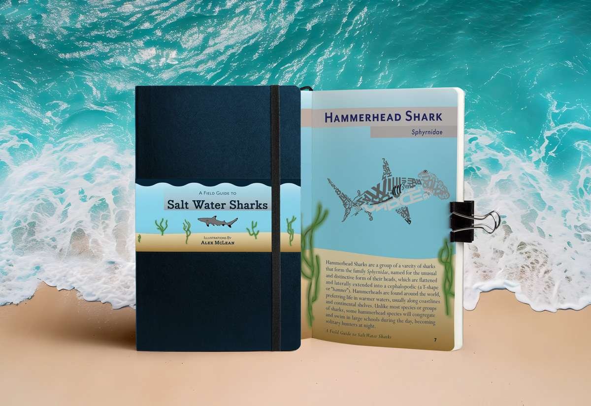 field_guide_cover_one_page_beach_mockup partial open field guide, ocean background, hammerhead shark and front cover with belly band shown