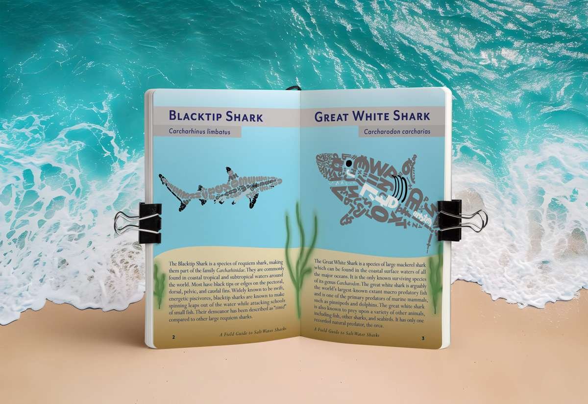 field_guide_two_page_beach_mockup01 open field guide, ocean background, blacktip shark and great white shark shown