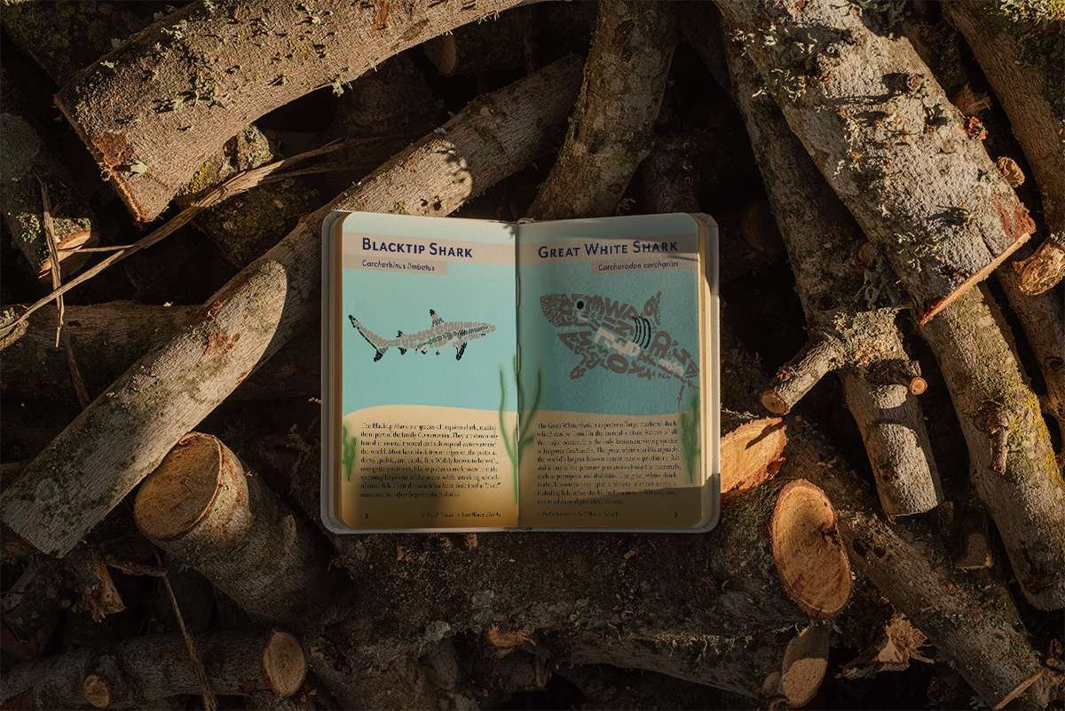 field_guide_wood_mockup open field guide two pages surrounded by wood logs