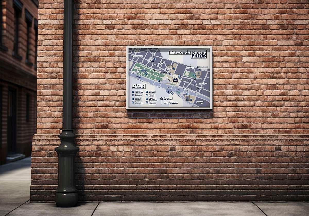 map_mockup02 stylized map mockup, small street framed style with brick wall and lamp