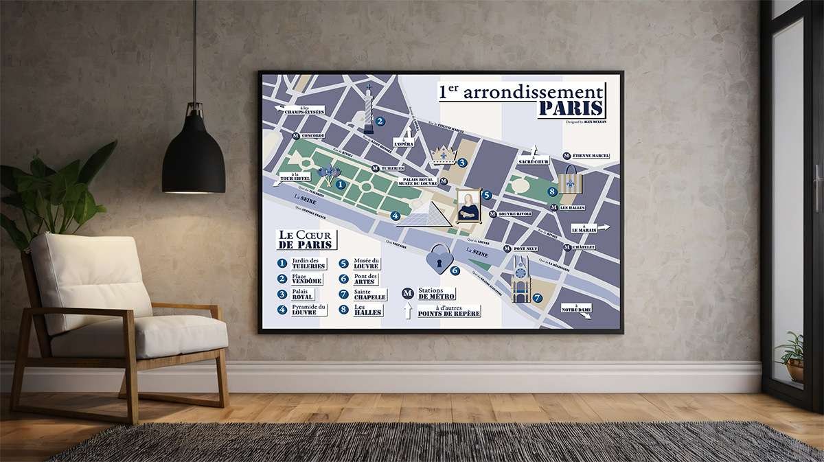map_mockup03 stylized map mockup, large framed style with chair and lamp