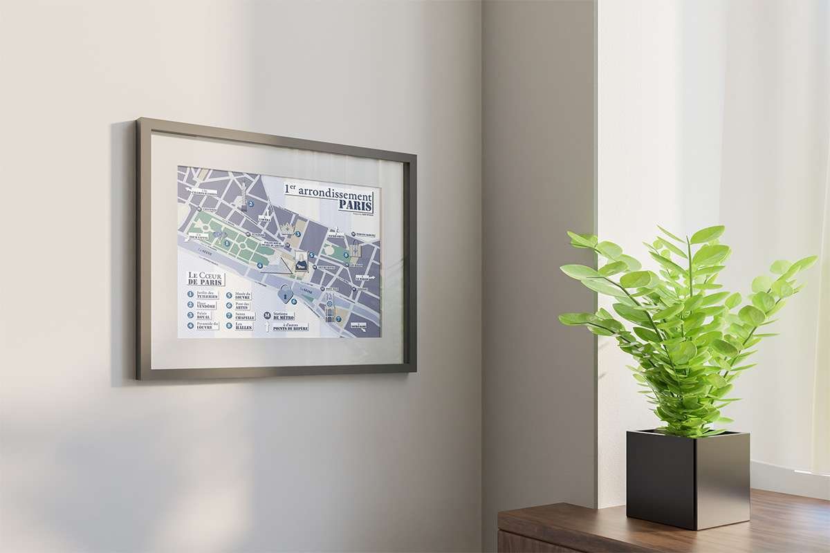 map_mockup05 stylized map mockup, small framed style on wall with plant