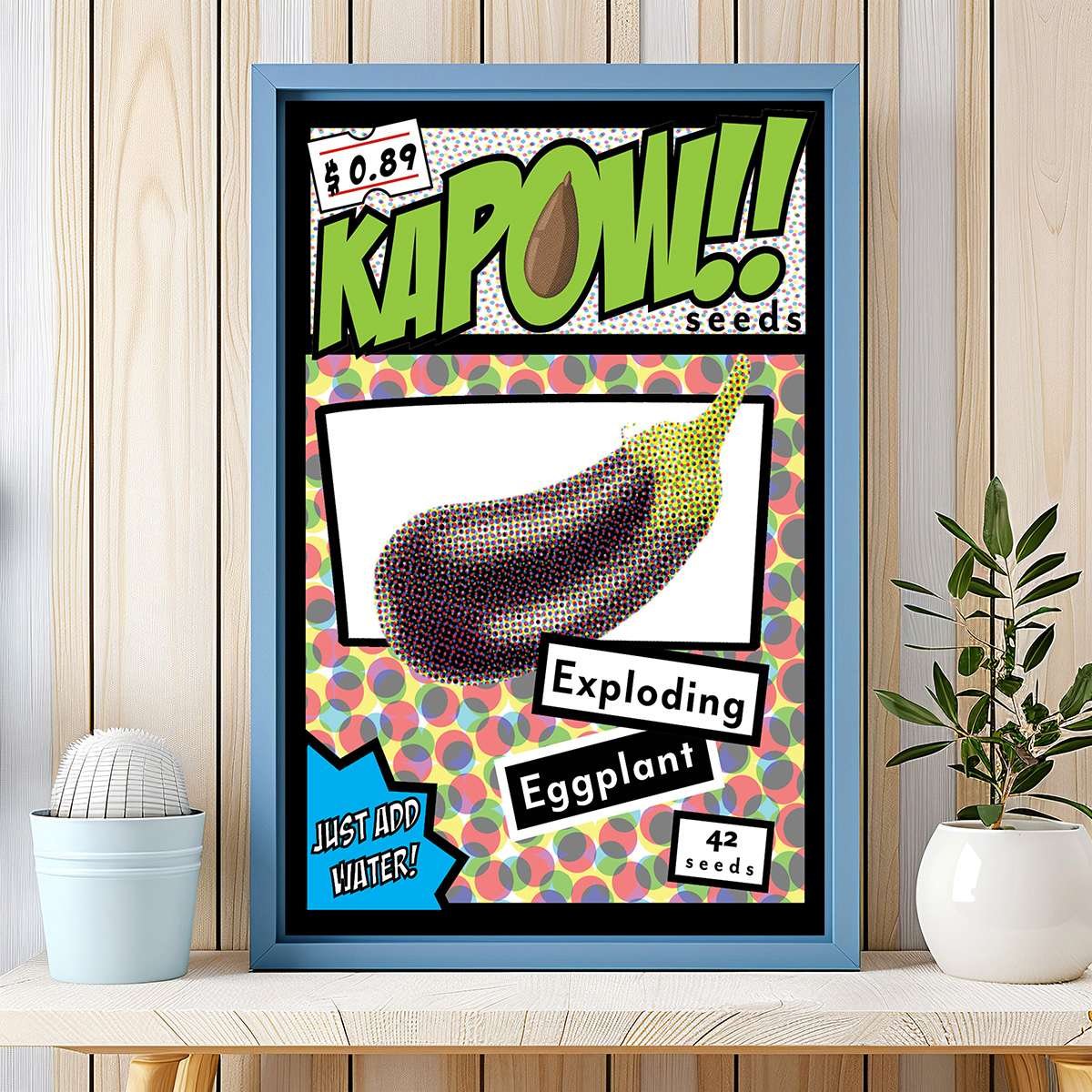 mockup03 eggplant seed pack indoor blue frame on table