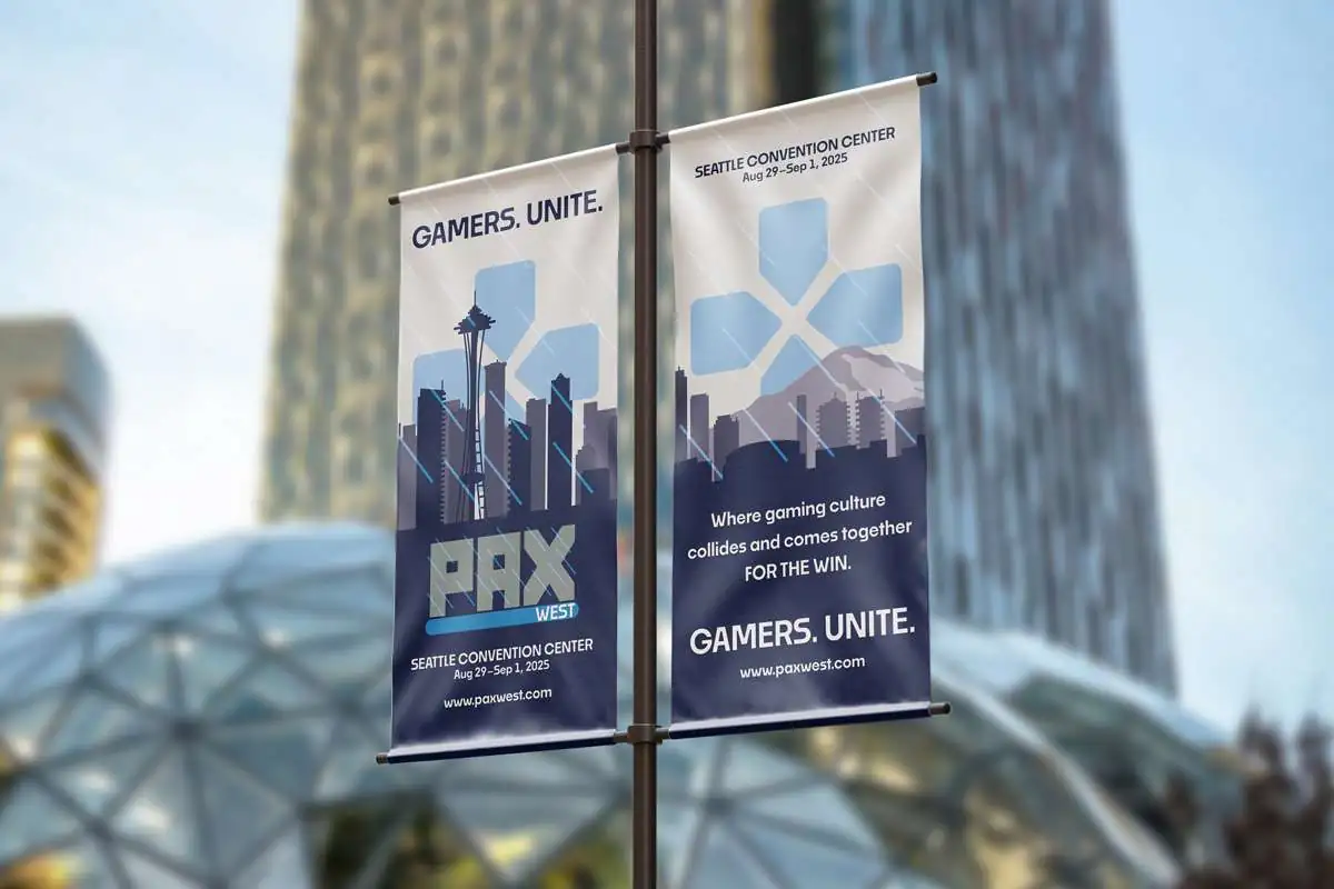street banner with PAX redesign in front of amazon building